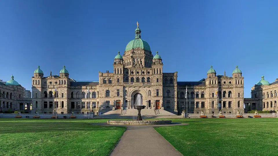 The BC Parliament Buildings in downtown Victoria on a sunny day